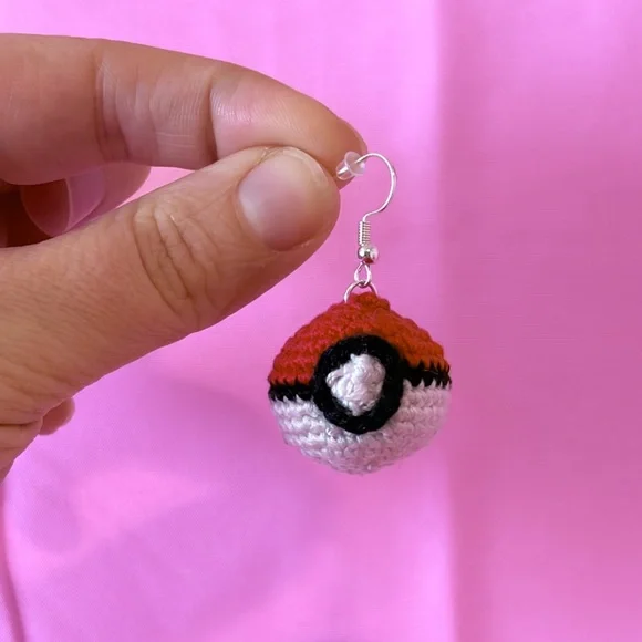 Handmade Crochet Poké Ball Earrings - Picture 2 of 4